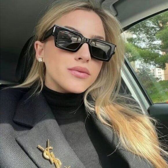 Saint Laurent SL572 001 Sunglasses Black with Silver Square Frame, Grey Lenses - Picture 1 of 15